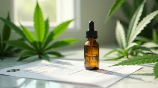 Flacon d'huile CBD en verre ambré posé sur du marbre blanc avec des feuilles de chanvre et un certificat d'analyse — produit de l'as du cbd