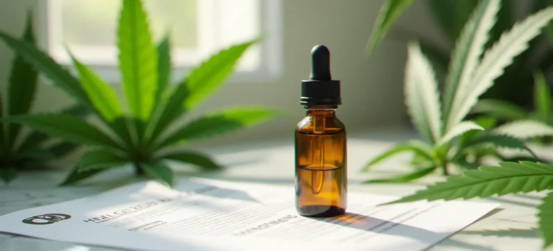 Flacon d'huile CBD en verre ambré posé sur du marbre blanc avec des feuilles de chanvre et un certificat d'analyse — produit de l'as du cbd