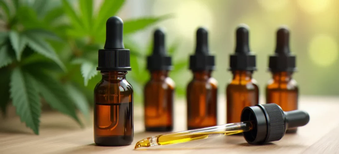 Flacons d'huile de CBD discount en verre ambré posés sur une surface en bois, illustrant le marché du cbd discount