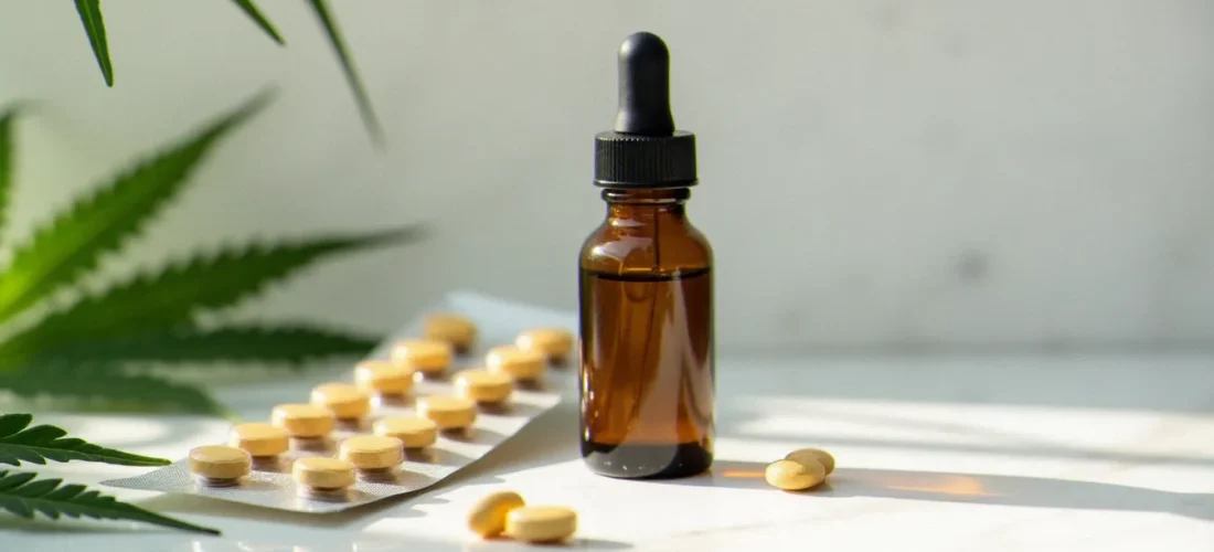 Flacon d'huile de CBD posé à côté de médicaments sur un plan en marbre, illustrant les dangers potentiels du CBD en interaction avec des traitements