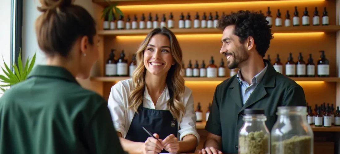Intérieur d'une boutique Les Frères CBD avec présentoir d'huiles et de fleurs de chanvre, illustrant l'univers des frères cbd