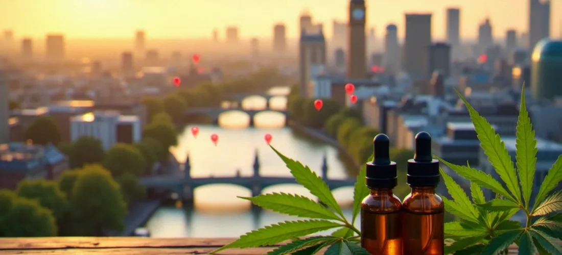 Carte illustrée de Londres avec des épingles de localisation marquant des boutiques CBD dans différents quartiers, huiles de cannabidiol en premier plan