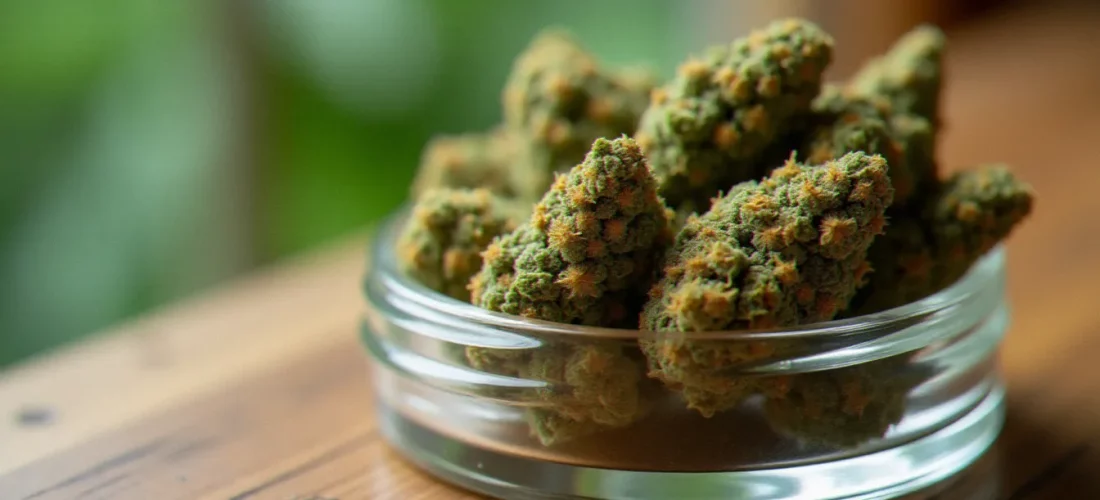 Fleurs de marie jeanne CBD séchées dans un bocal en verre sur une surface en bois naturel, trichomes visibles en lumière naturelle