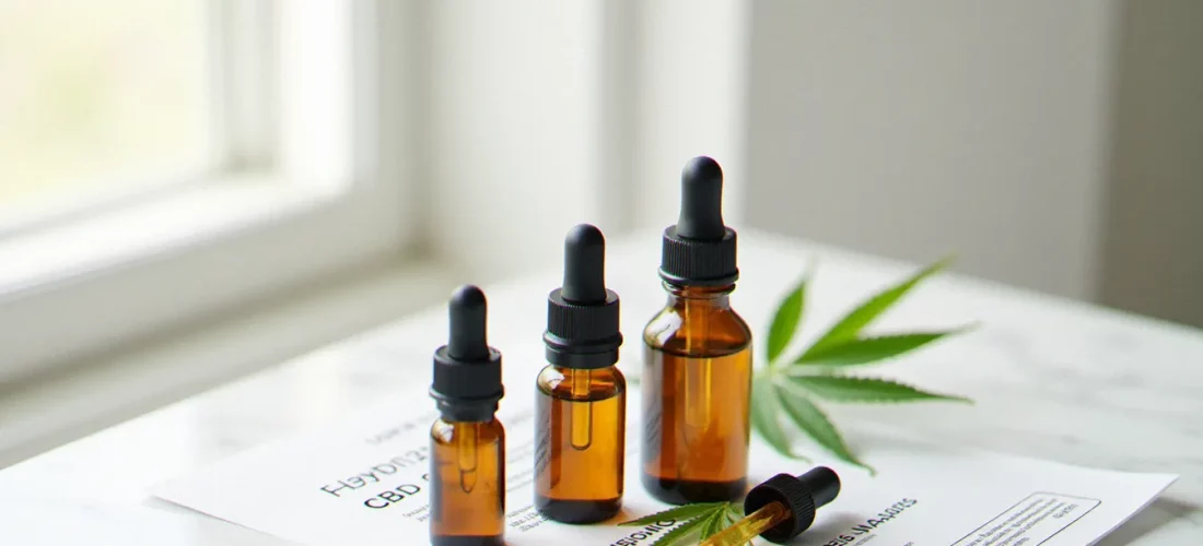 Bouteilles d'huile CBD en verre ambré avec feuille de chanvre et certificat d'analyse de laboratoire, comparatif meilleur site cbd
