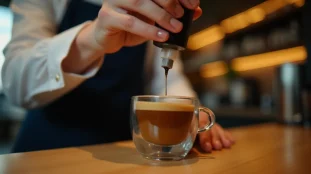 Bariste mesurant précisément de l'huile CBD dans un espresso tiré, incarnant le concept de melbourne cbd coffee dans un café de spécialité épuré