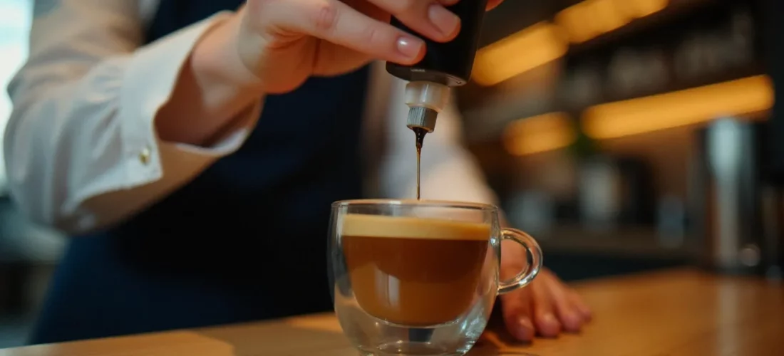 Bariste mesurant précisément de l'huile CBD dans un espresso tiré, incarnant le concept de melbourne cbd coffee dans un café de spécialité épuré