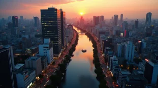 Vue aérienne d'Osaka au coucher du soleil illustrant le contexte urbain de la recherche osaka CBD au Japon