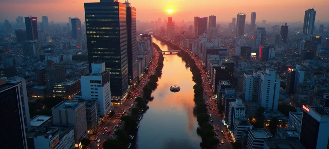 Vue aérienne d'Osaka au coucher du soleil illustrant le contexte urbain de la recherche osaka CBD au Japon