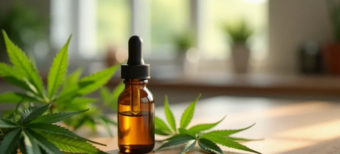 Flacon d'huile CBD dorée avec des feuilles de chanvre sur une table en bois, illustrant les bienfaits du CBD présentés sur papatilleul.fr