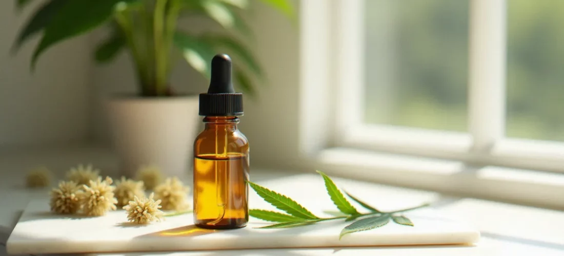 Flacon d'huile CBD dorée et feuilles de chanvre fraîches sur marbre blanc, illustrant les bienfaits du CBD référencés sur papatilleul.fr et analysés scientifiquement