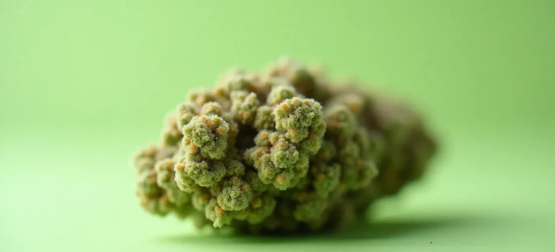 Fleur de plain jane CBD en gros plan, bractées denses recouvertes de trichomes blancs sur fond neutre, lumière naturelle