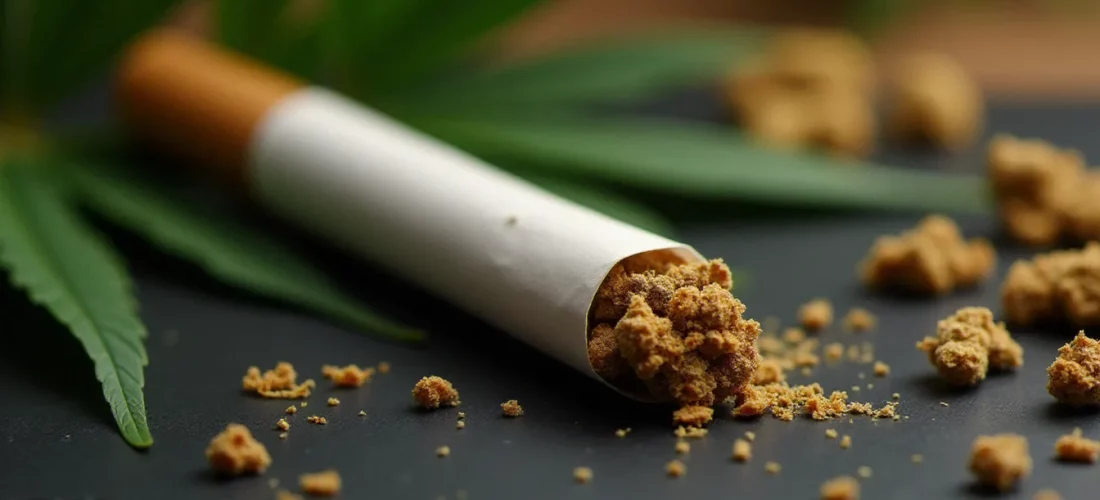 Pre roll CBD Hollyweed posé sur une ardoise avec des fleurs de chanvre séchées autour, vue en gros plan