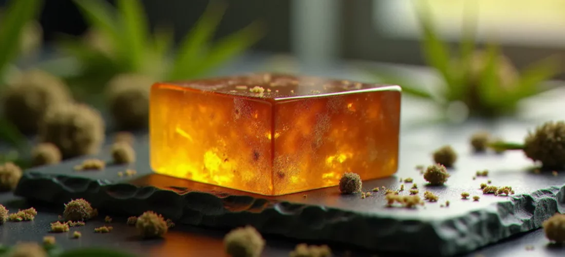 Bloc de résine CBD brun ambré posé sur une ardoise naturelle entouré de fleurs de chanvre séchées, éclairage naturel latéral