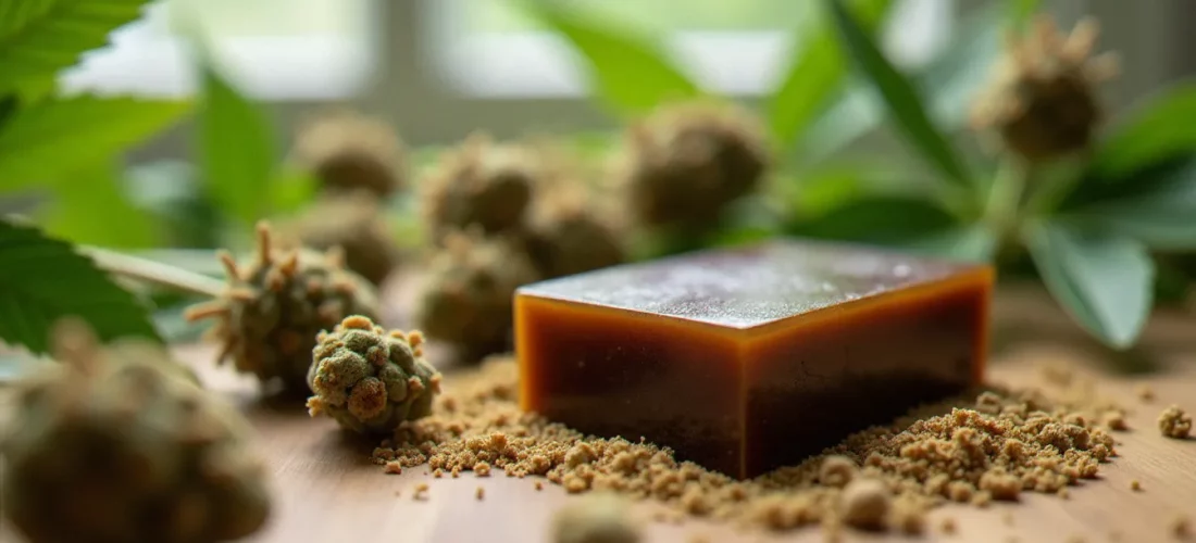 Bloc de résine CBD brun foncé posé sur une surface en bois naturel, entouré de fleurs de chanvre séchées, lumière naturelle douce