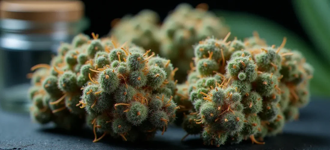 Fleurs de sour chem indica cbd flower en gros plan macro sur ardoise sombre, montrant les trichomes cristallins et les pistils orangés caractéristiques de la variété