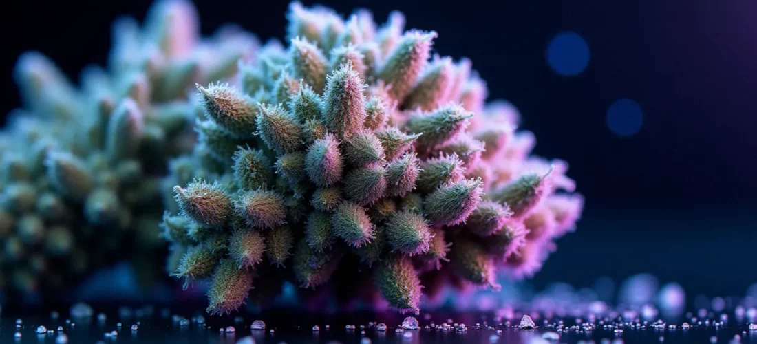 Fleurs de space CBD aux reflets violets et bleus, couvertes de trichomes brillants sur fond sombre, illustrant la variété space cbd