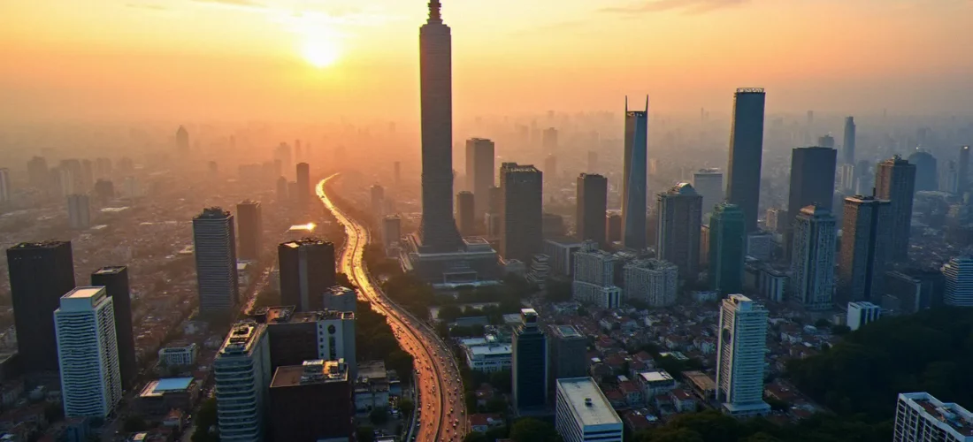 Vue aérienne du skyline de Taipei au coucher du soleil avec la tour Taipei 101, illustrant la capitale taïwanaise dans le contexte du taipei CBD
