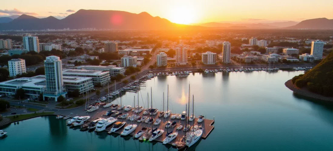 Vue aérienne de Tauranga et de son port au coucher de soleil, ville côtière de Nouvelle-Zélande où le marché du tauranga cbd connaît une expansion significative