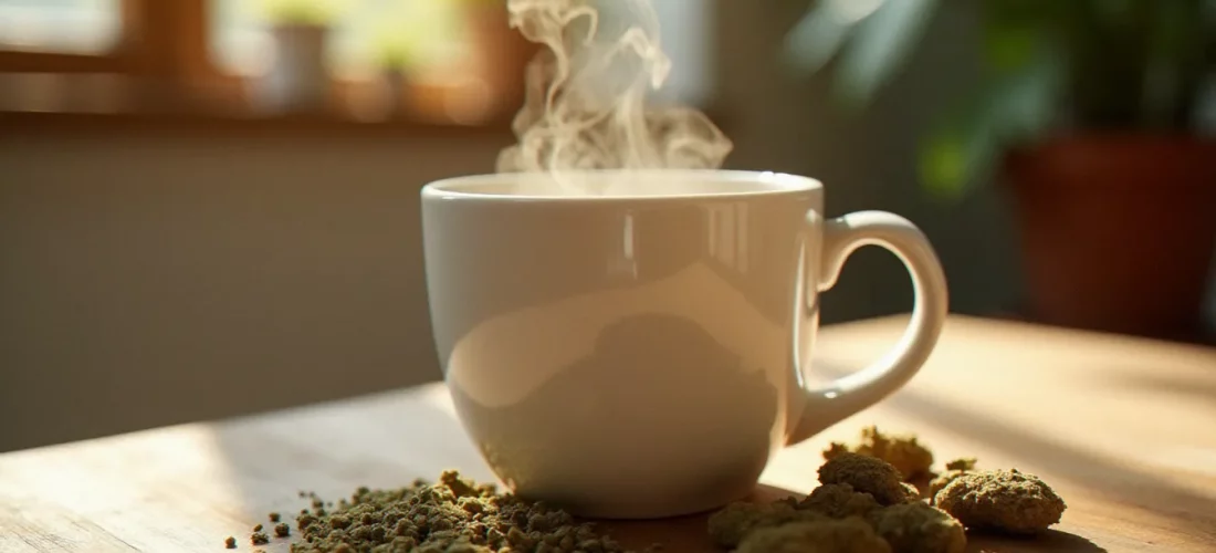 Tasse de tisane CBD fumante posée sur une table en bois avec des fleurs de chanvre séchées à côté