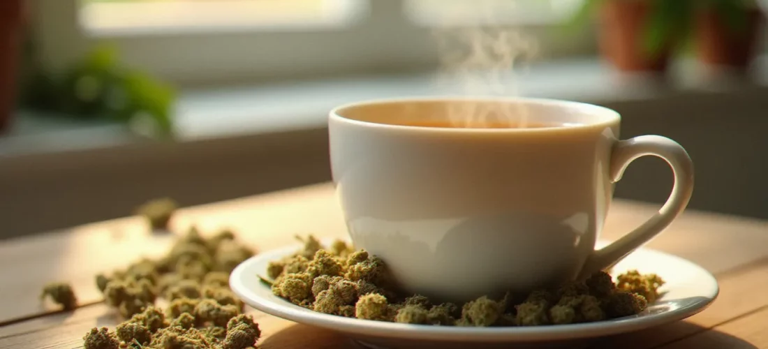Tasse de tisane CBD préparée avec des fleurs de chanvre séchées posées sur une table en bois, éclairage naturel doux