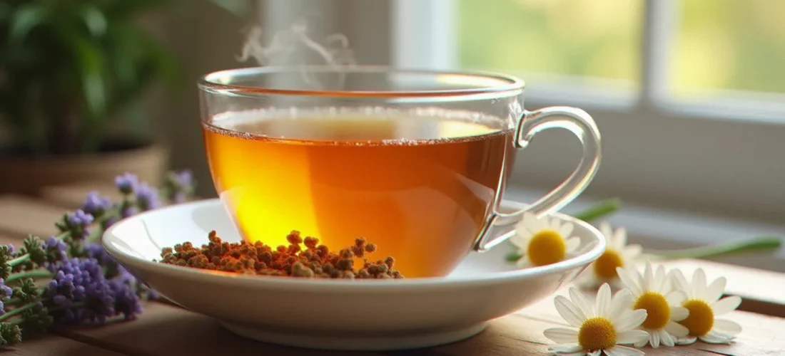 Tasse de tisane CBD Hollyweed dorée et fumante entourée de fleurs de chanvre séchées et de lavande sur une table en bois
