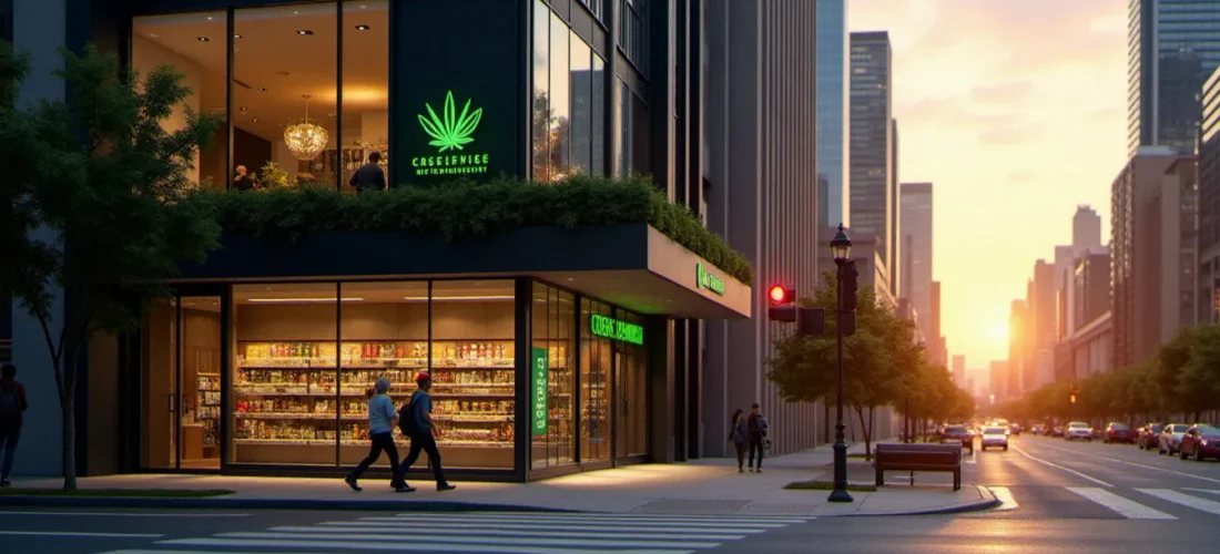 Vue de Toronto avec une boutique CBD légale agréée en premier plan, illustrant la toronto cbd map et le marché réglementé canadien