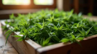 Gros plan de feuilles sucrées et de trim CBD fraîchement récoltées disposées sur un plateau en bois dans une ferme de chanvre
