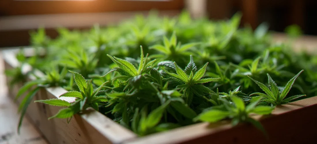 Gros plan de feuilles sucrées et de trim CBD fraîchement récoltées disposées sur un plateau en bois dans une ferme de chanvre