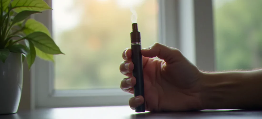 Main tenant un vaporisateur CBD élégant avec un léger nuage de vapeur, illustration de la vape CBD en usage quotidien