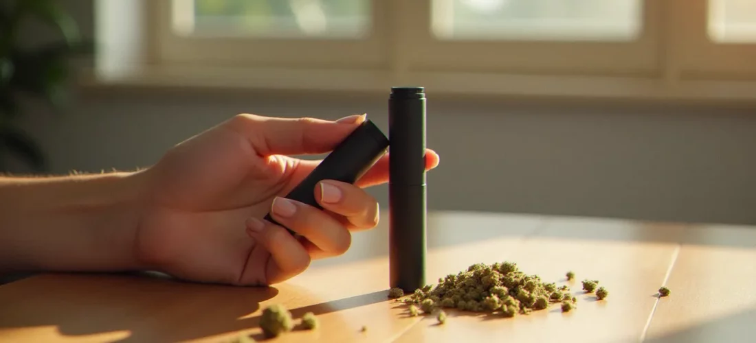 Vaporisateur CBD portable tenu en main près de fleurs de chanvre séchées sur une table en bois, lumière naturelle douce