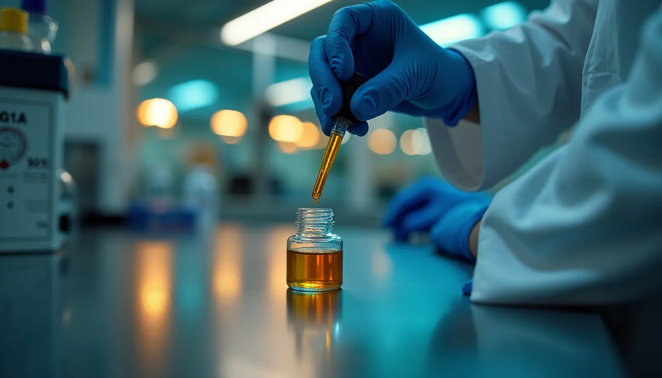 Mains gantées d'un scientifique pipetant un extrait doré de cannabinoïde dans un flacon en verre en laboratoire, symbolisant la recherche sur les effets du CBG et du CBD