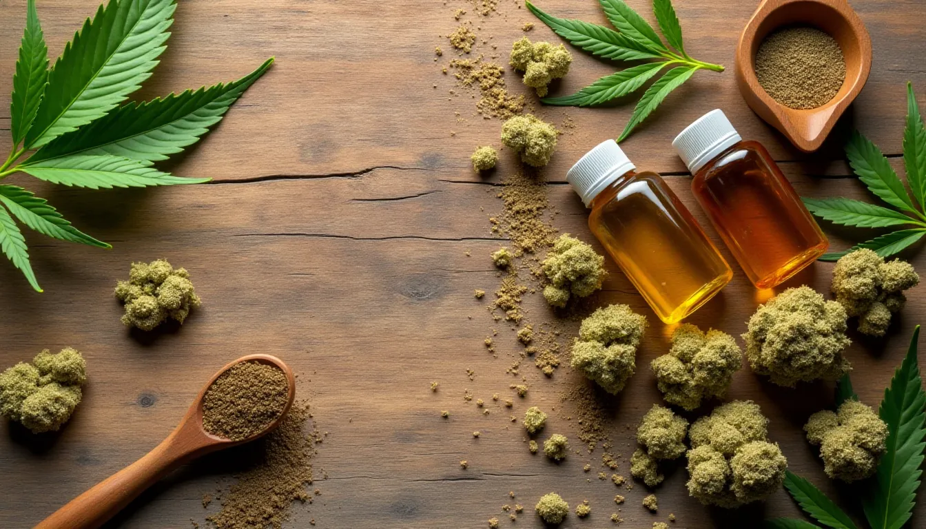 Vue aérienne de boutons de chanvre séchés et de petits flacons d'huile cannabinoïde sur une planche en bois naturel, illustrant la rareté et la valeur du CBG comparé au CBD