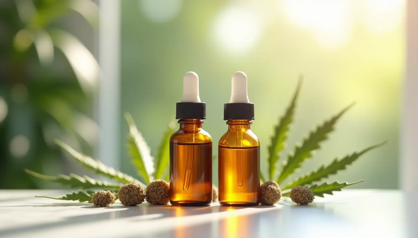 Deux flacons d'huile de cannabinoïdes en verre ambré posés sur du marbre blanc entourés de feuilles de chanvre, illustrant la comparaison cbg vs cbd