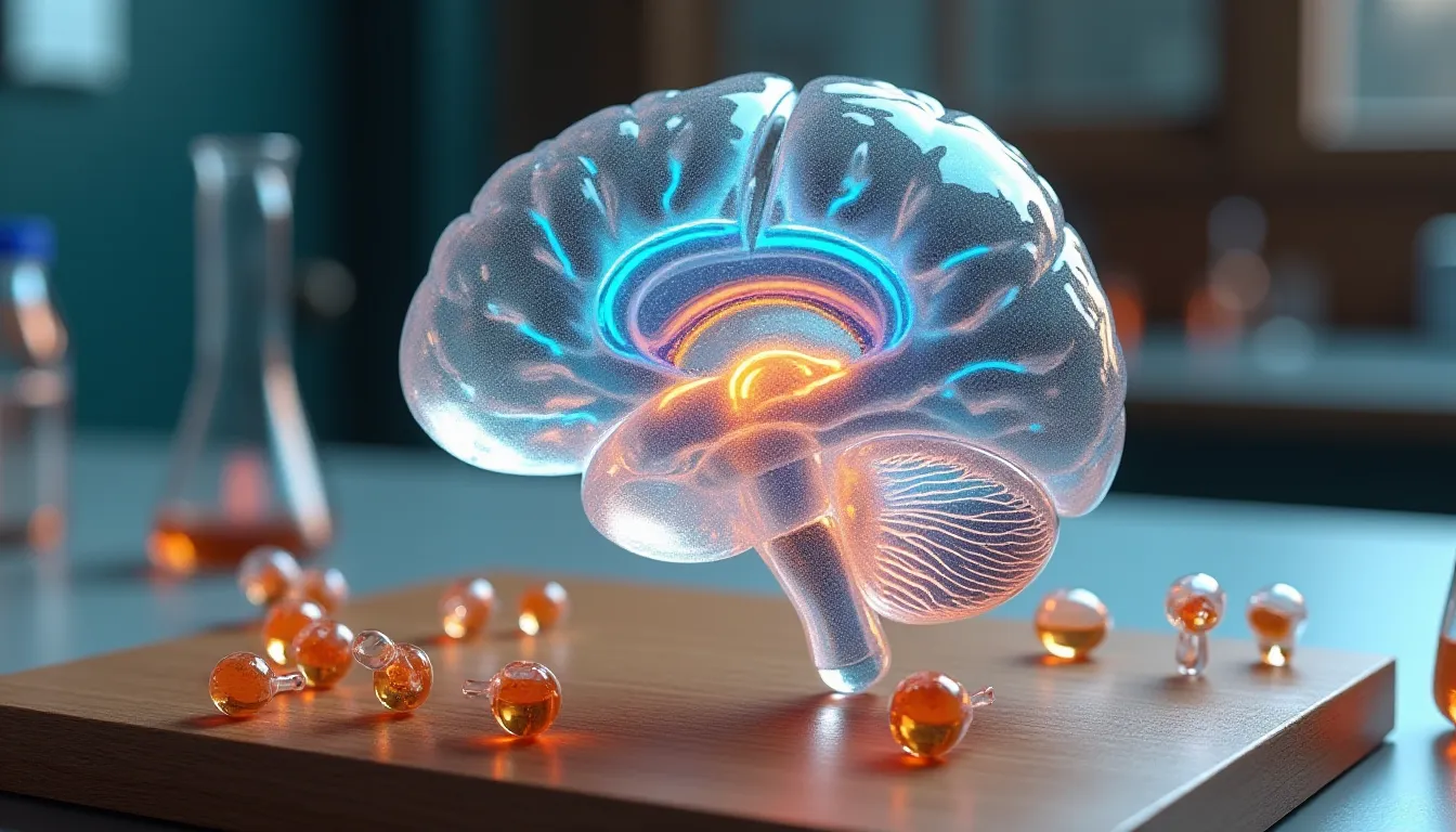 Modèle anatomique d'un cerveau humain en résine translucide sur un banc de laboratoire, représentant les mécanismes d'action des cannabinoïdes sur le système endocannabinoïde