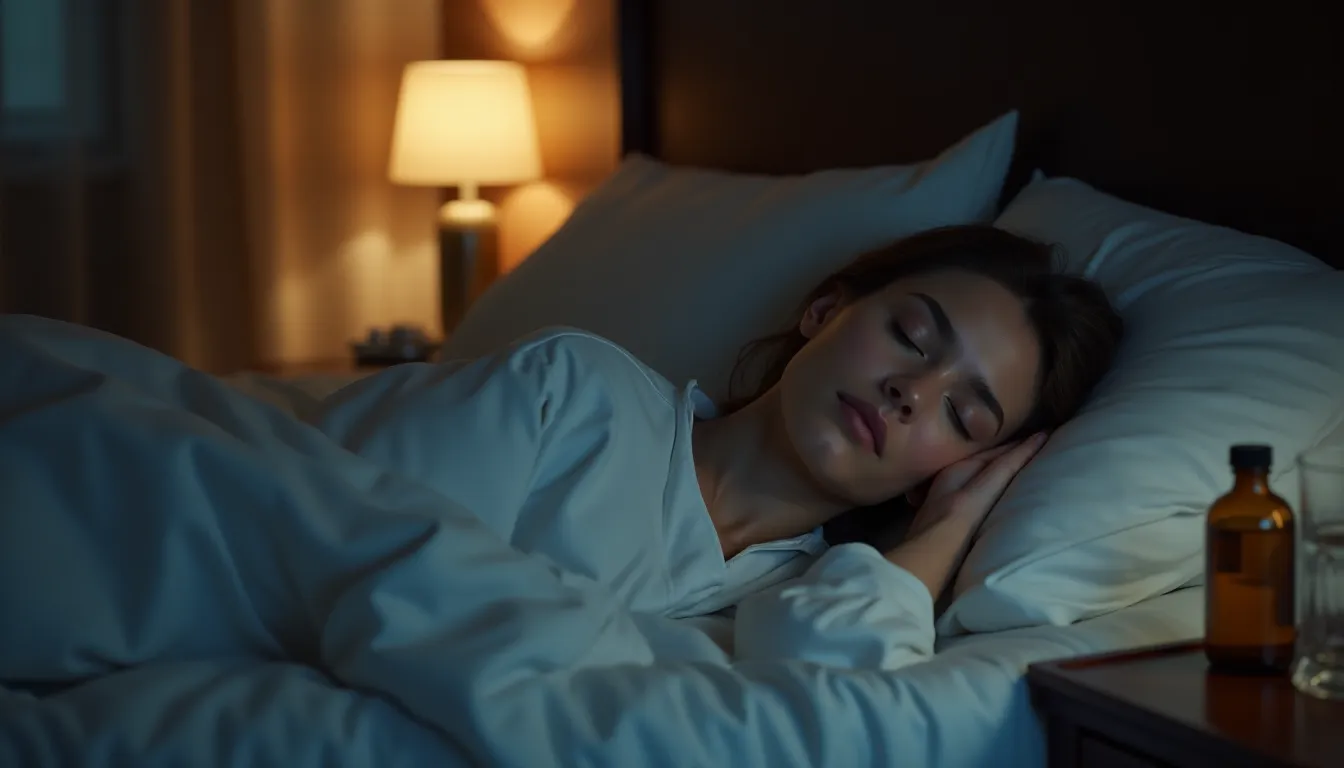 Femme sereine endormie dans une chambre éclairée à la lumière chaude avec un flacon d'huile CBN posé sur la table de nuit, illustrant les effets du CBN sur le sommeil
