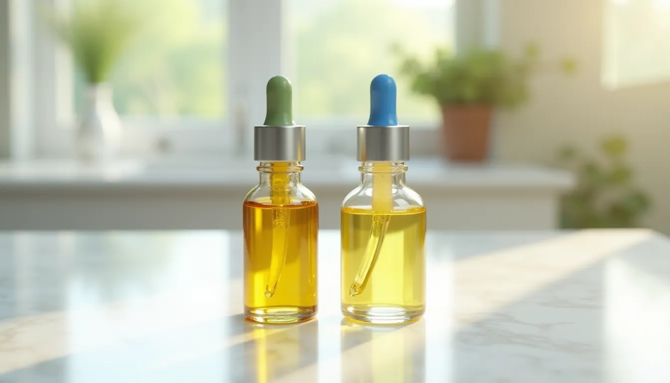 Deux flacons d'huile de cannabinoïdes côte à côte sur une surface en marbre blanc, illustrant la comparaison cbn vs cbd