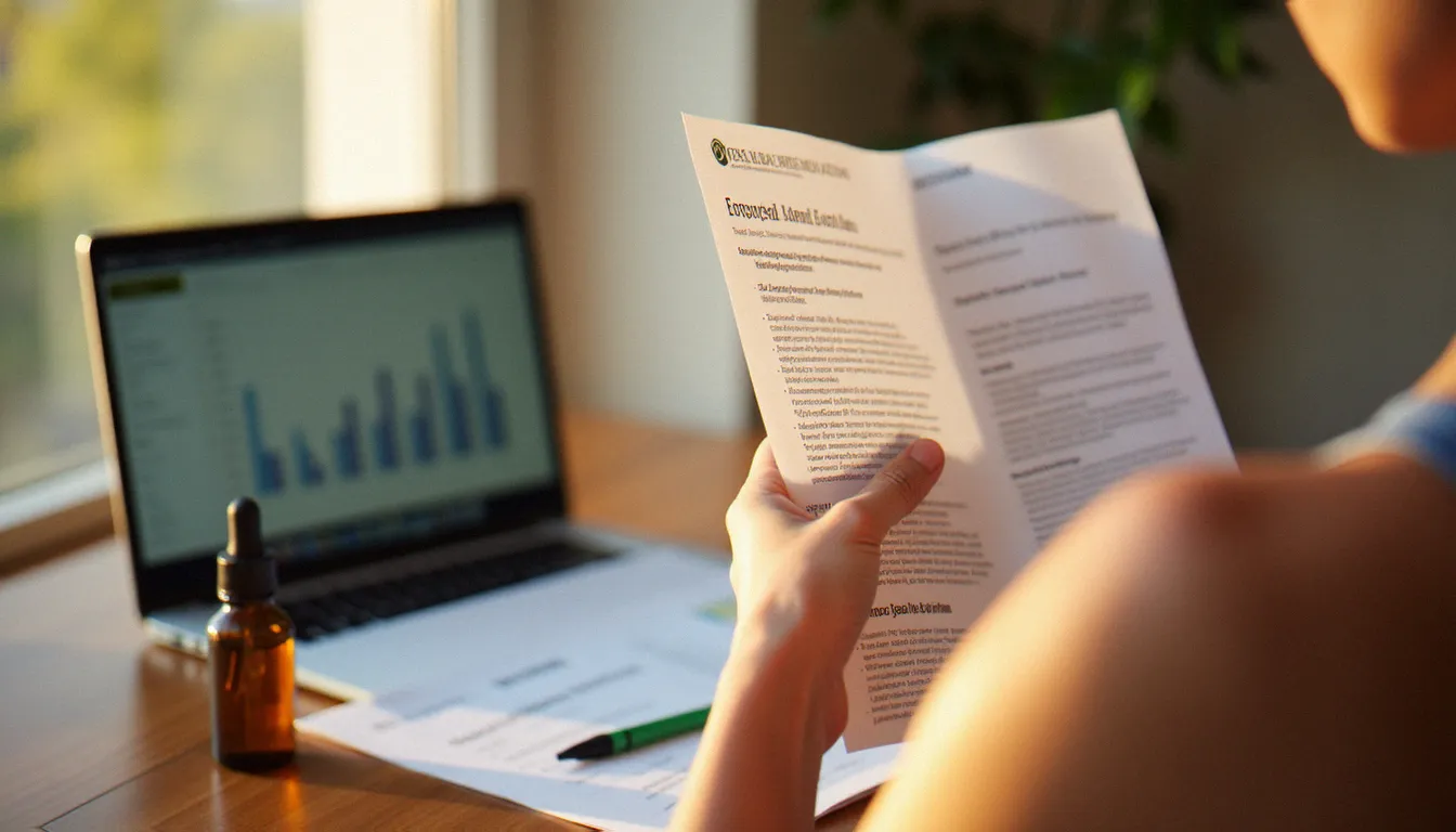 Femme sportive consultant un certificat d'analyse de laboratoire COA pour évaluer la qualité d'un produit broad spectrum CBD avant achat