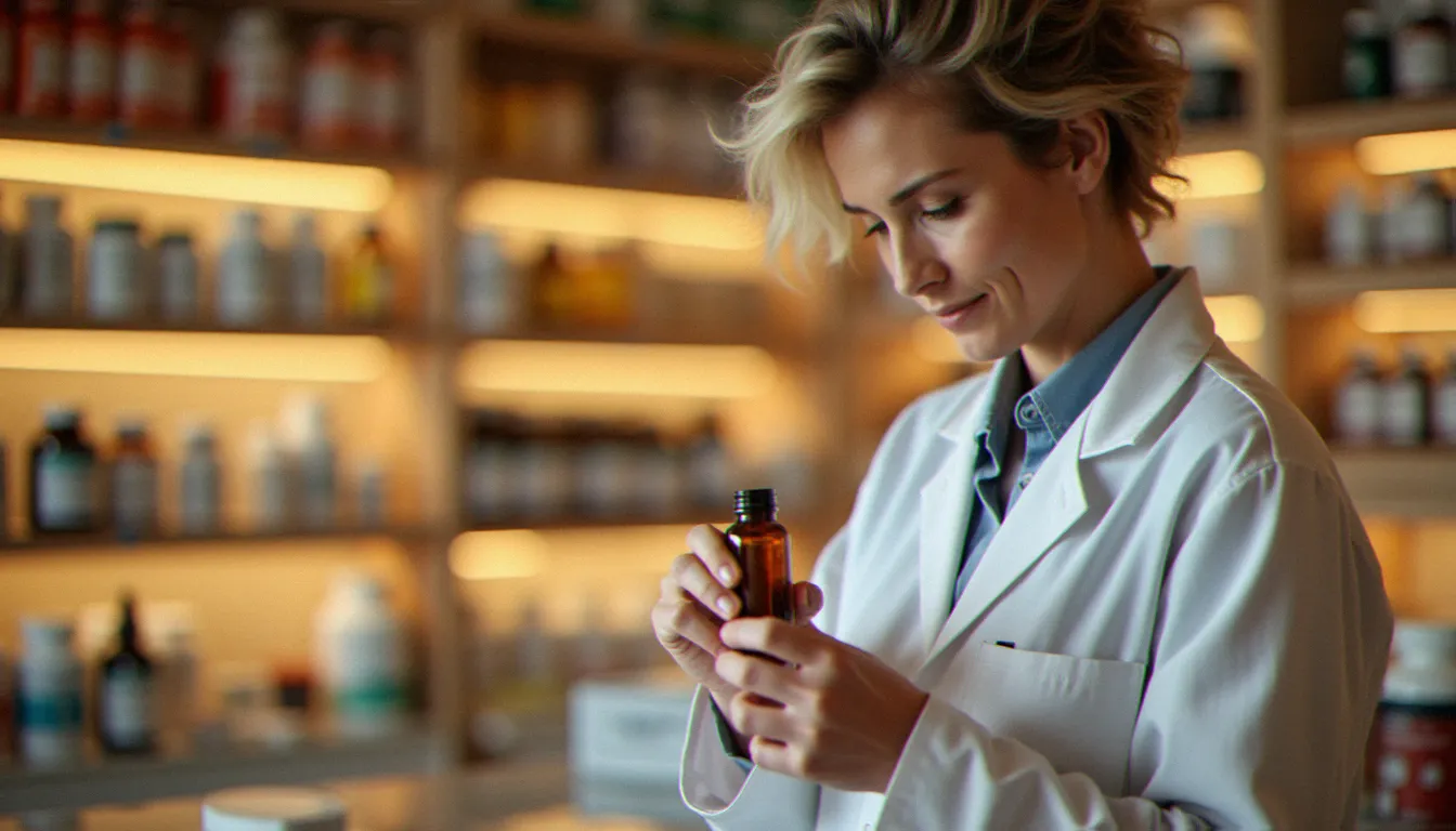 Pharmacienne expérimentée examinant attentivement un produit à base de cannabinoïdes dans une pharmacie moderne bien éclairée, illustrant le choix éclairé entre formules CBC et CBD disponibles en France