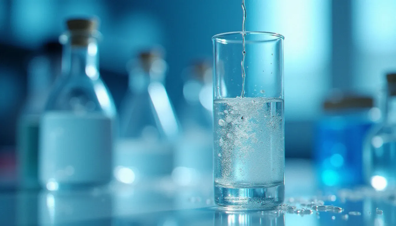 Gros plan sur l'émulsification de CBD dans de l'eau en laboratoire, illustrant le procédé de nanoemulsification des boissons au CBD