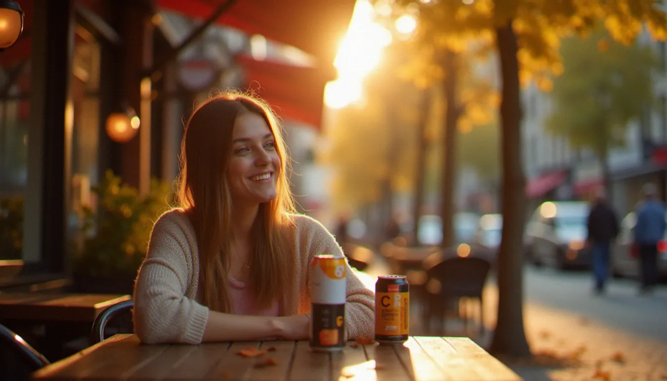 Une femme dégustant une canette de boisson au CBD à une terrasse de café strasbourgeoise, illustrant la consommation quotidienne de cbd drinks near me