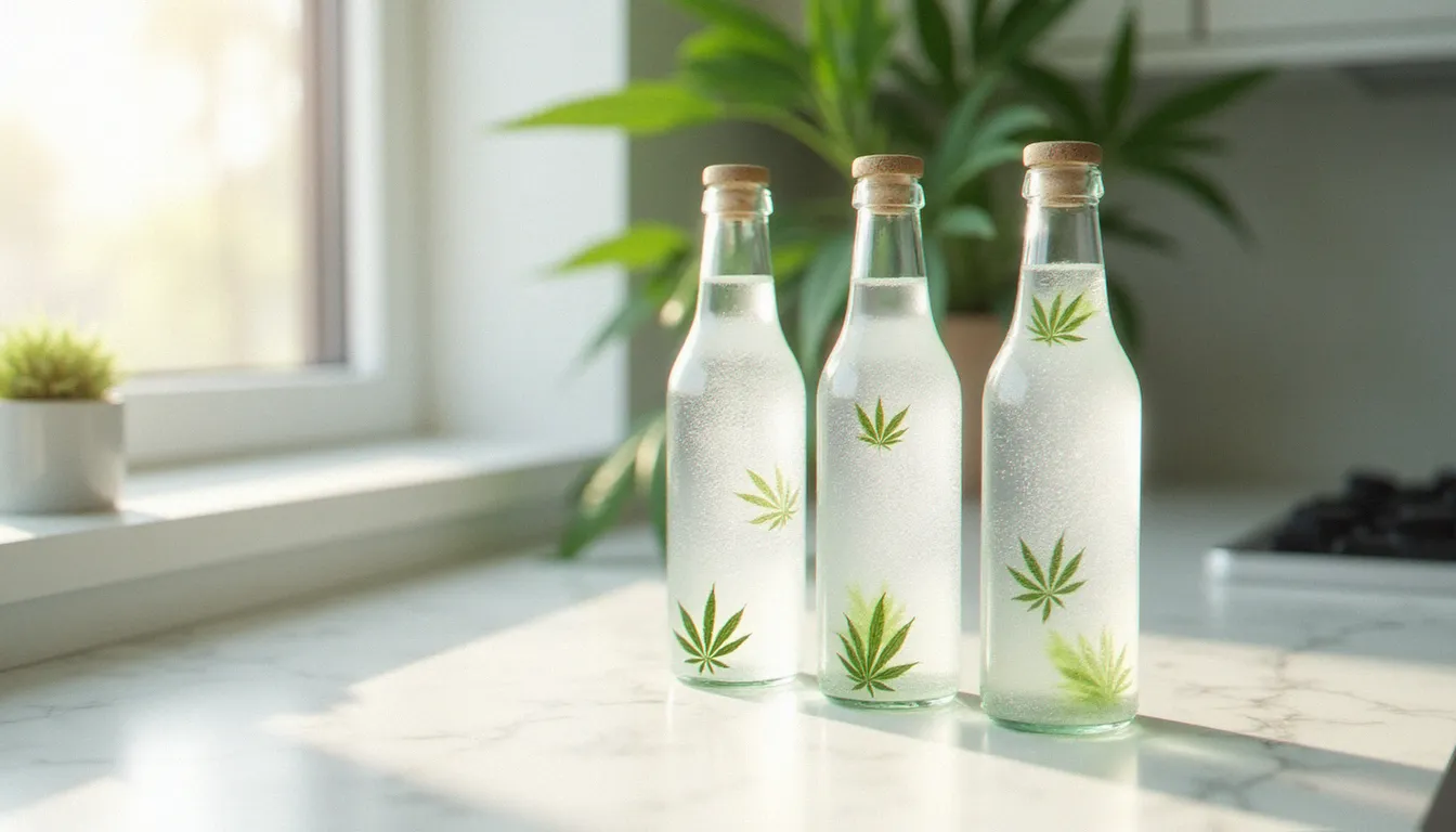 Trois bouteilles de boissons CBD pétillantes posées sur un comptoir en marbre blanc, illustrant les cbd drinks near me disponibles en boutique