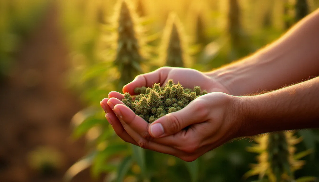 Mains d'un agriculteur tenant des fleurs de chanvre CBD fraîchement récoltées dans un champ français ensoleillé