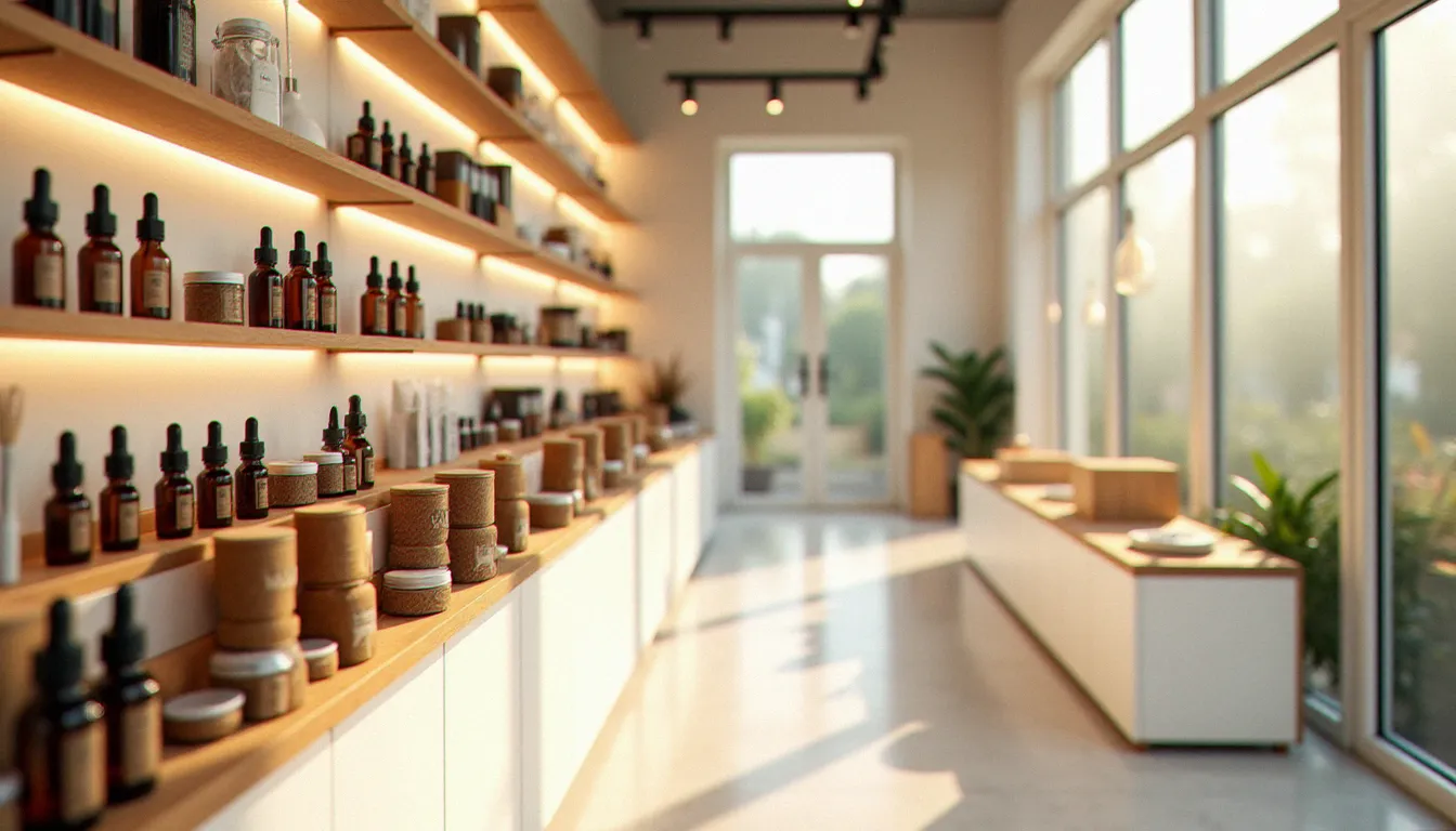 Intérieur d'un CBD mall moderne avec des rangées de produits cannabidiol bien éclairées, illustrant l'univers du cbd mall