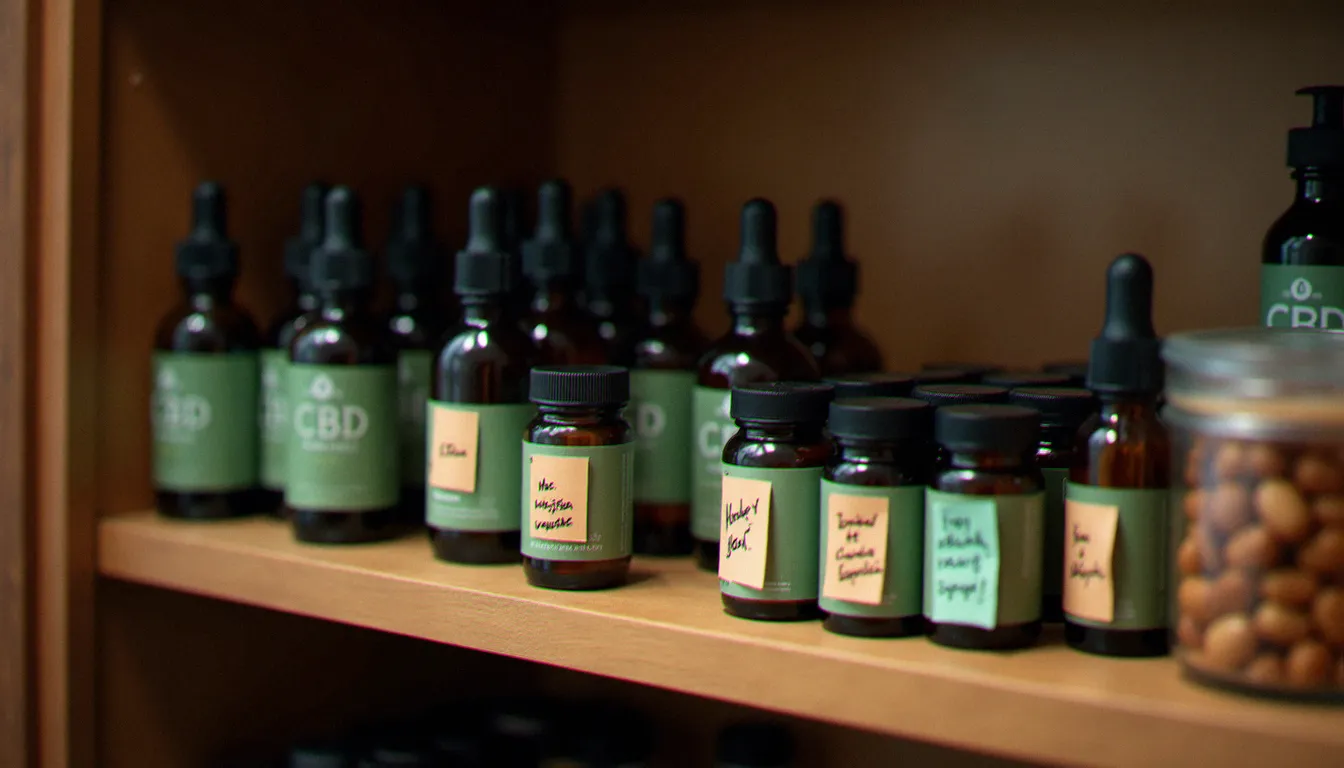 Étagère rangée avec des CBD provisions variées incluant huiles, baumes topiques et infusions de chanvre pour un usage quotidien organisé