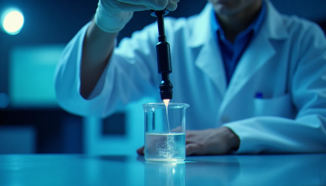 Scientifique utilisant une sonde à ultrasons pour créer une nanoemulsion de CBD en laboratoire, étape clé de la fabrication du CBD seltzer
