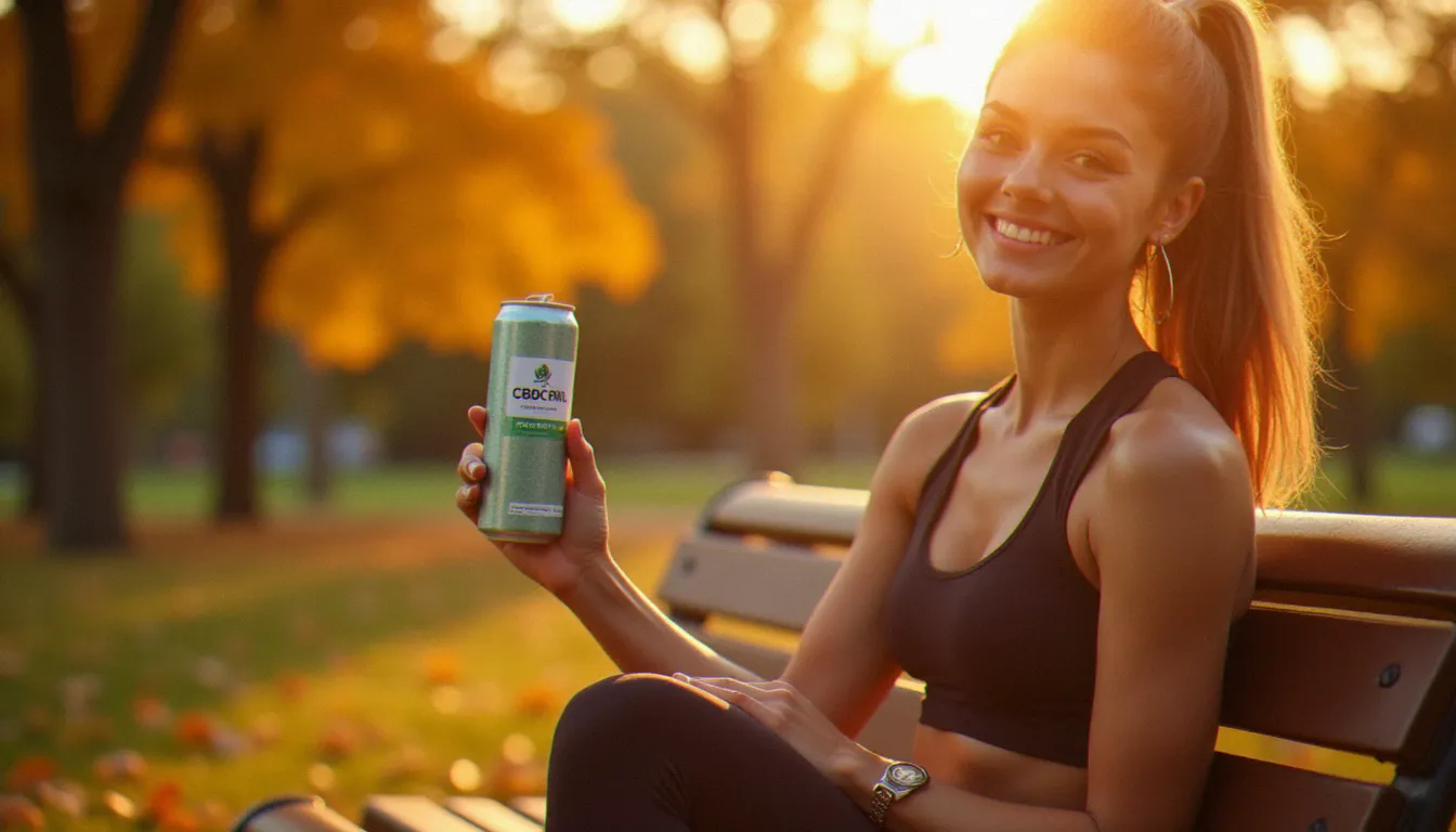 Femme sportive se désaltérant avec un CBD seltzer après une séance de course à pied dans un parc en automne, illustrant la tendance bien-être et récupération autour du CBD seltzer