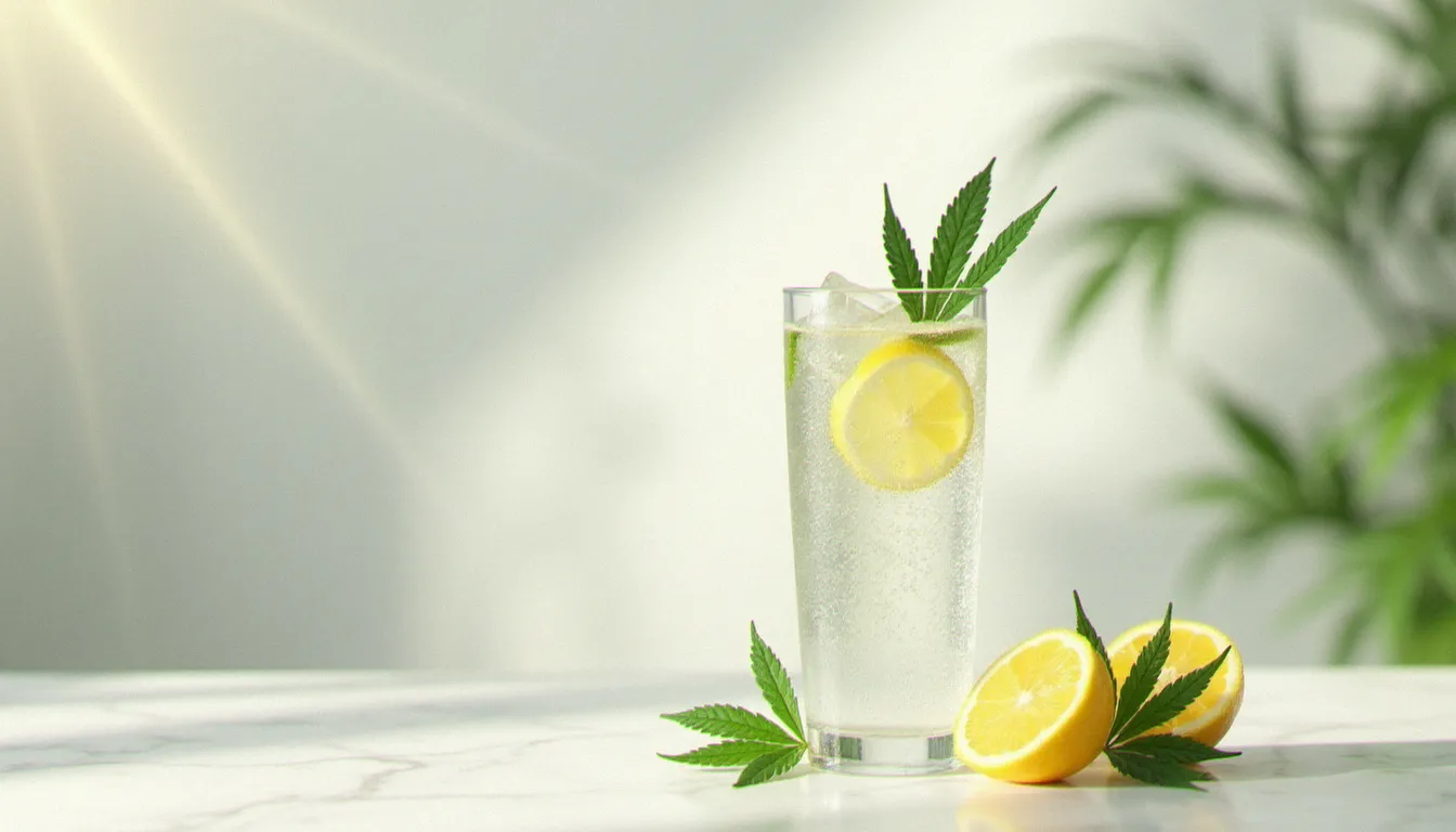 Verre de CBD seltzer pétillant avec glaçons posé sur un comptoir en marbre blanc, accompagné de feuilles de chanvre et de rondelles de citron, illustrant la boisson au cannabidiol