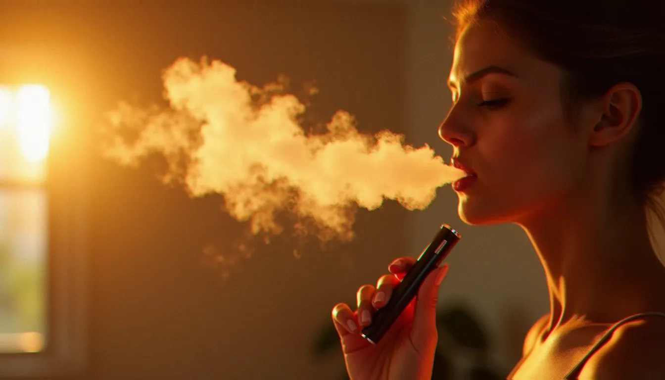 Nuage de vapeur produit par un vaporisateur contenant du cbd vape oil, rétroéclairé dans un intérieur moderne