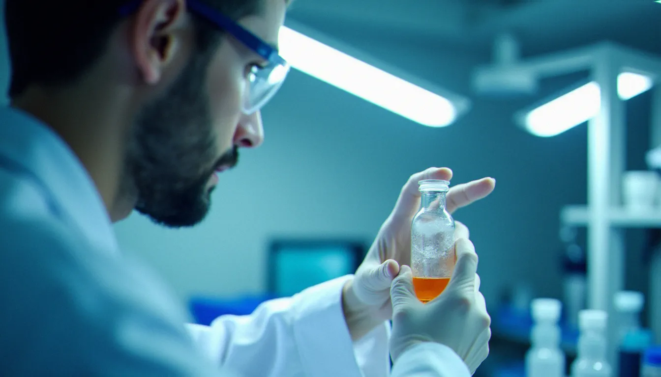 Technicien de laboratoire analysant un flacon de cbd vape oil sous lumière forte dans un environnement de contrôle qualité