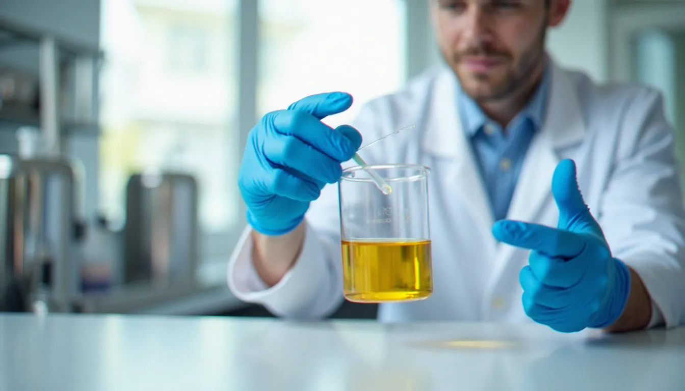 Scientifique en laboratoire pharmaceutique contrôlant la qualité d'un extrait d'huile de CBD doré, représentant le processus rigoureux de fabrication des just cbd gummies